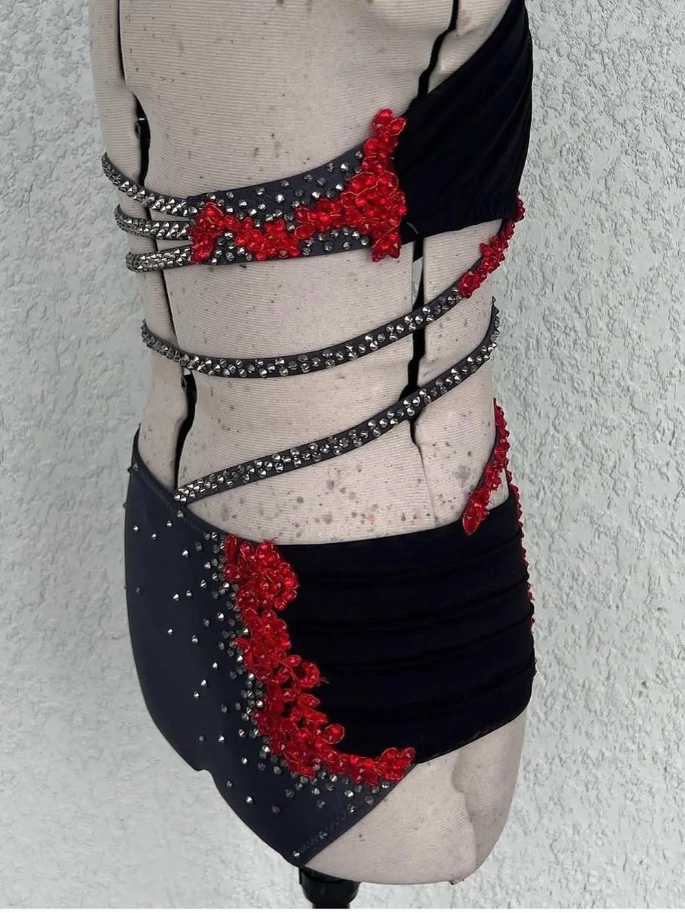Black, Gray and Red One-Piece Dance Costume with Crystal Accents